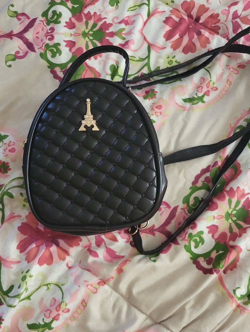 Black Quilted Crossbody Bag with Eiffel Tower Accent